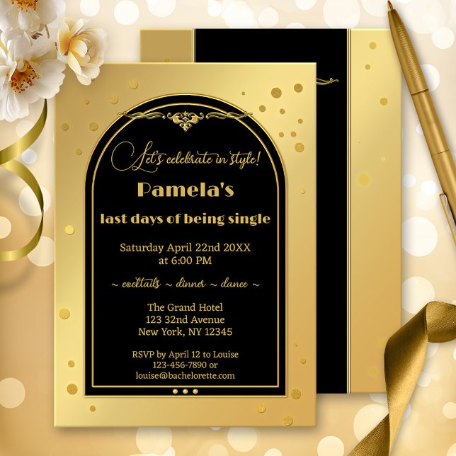 Chic Gold Black Confetti Junggeselinnen-Abschied Einladung (A classic gold and black bachelorette party invitation with sparkling gold confetti.)