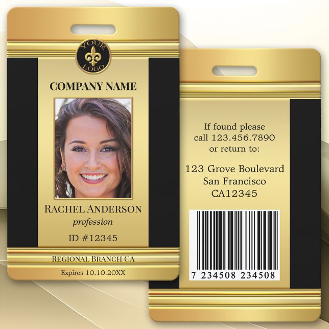 Chic Gold Black Employee Foto ID Abzeichen Ausweis (Elegant gold and black design photo ID badge with your custom photo, logo, QR code or bar code)