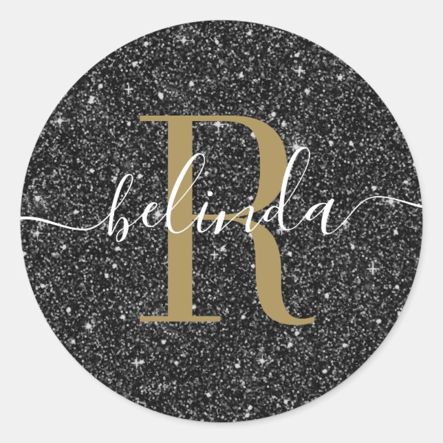 Chic Gold Black Glitzer Monogram Name Runder Aufkleber (Vorderseite)