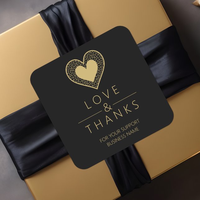 Chic Gold Black Heart Lace Effect Love & Thanks Quadratischer Aufkleber (Chic Fake Golden Black Heart Lace Effect Love & Thanks Supporting Small Business Square Sticker.)