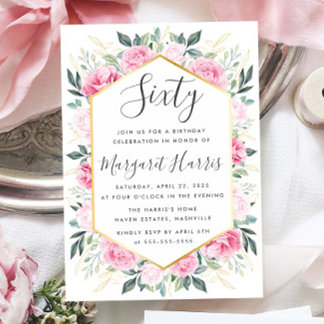Chic Gold Blätter Pink Floral 60. 60 Geburtstag Einladung