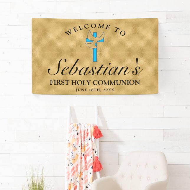 Chic Gold Blue Cross Taube Erste Kommunion Willkom Banner (Insitu)