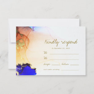 Chic Gold Blue Orange Abstrakt Wedding RSVP Karte