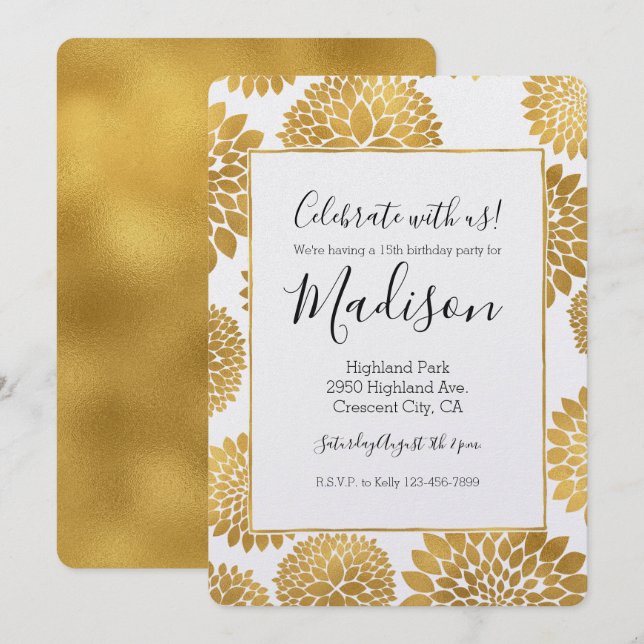 Chic Gold Blume Geburtstag Einladung (Vorne/Hinten)