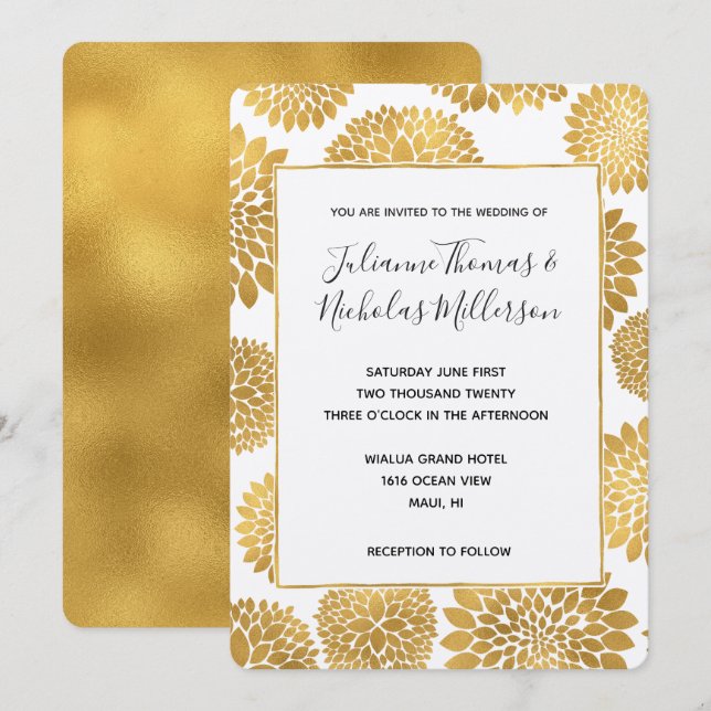 Chic Gold Blume Hochzeitseinladungen Einladung (Vorne/Hinten)