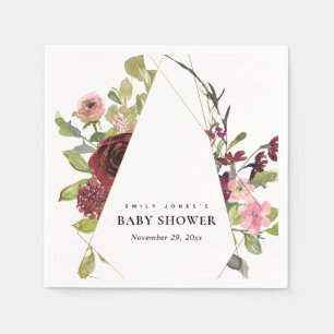 CHIC GOLD BLUSH BURGUNDY ROSE FLORAL BABY SHOWER SERVIETTE