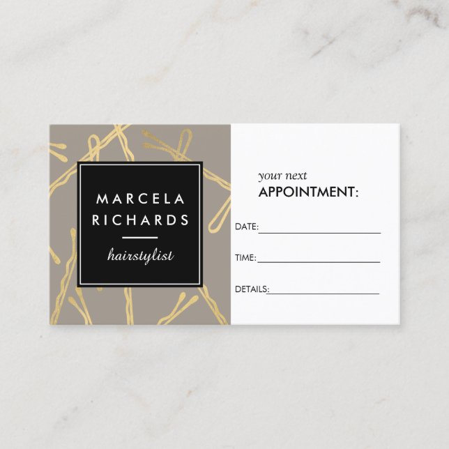 Chic Gold Bobby Buttone Friseur Graue Ernennung Terminkarte (Vorderseite)