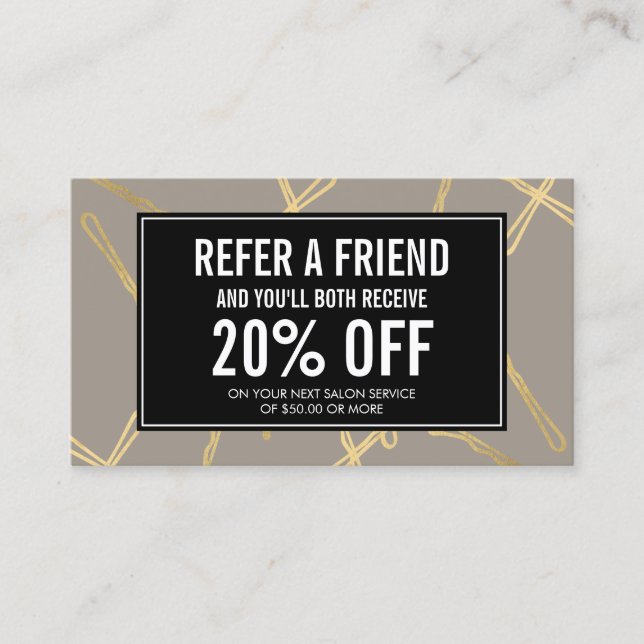 Chic Gold Bobby Buttone Haarsalon Gray Empfehlungs Empfehlungskarte (Vorderseite)