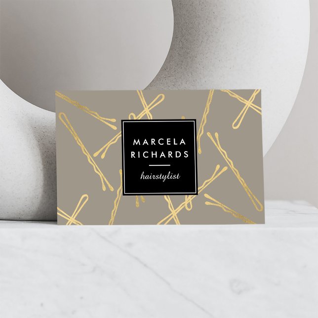 Chic Gold Bobby Buttons Friseur Stylist Salon Grau Visitenkarte (Von Creator hochgeladen)