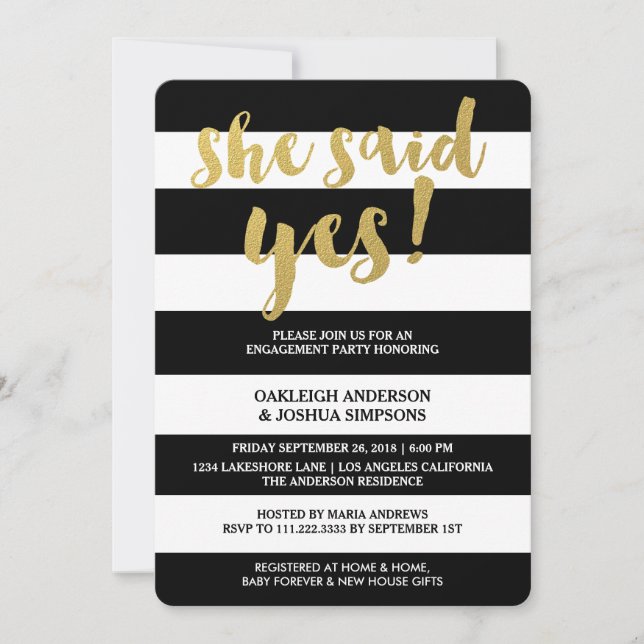 Chic Gold | Bold Black Strip Engagement Party Einladung (Vorderseite)