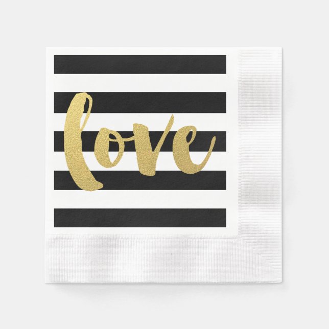 Chic Gold | Bold Black Strip LIEBE Napkins Serviette (Vorderseite)
