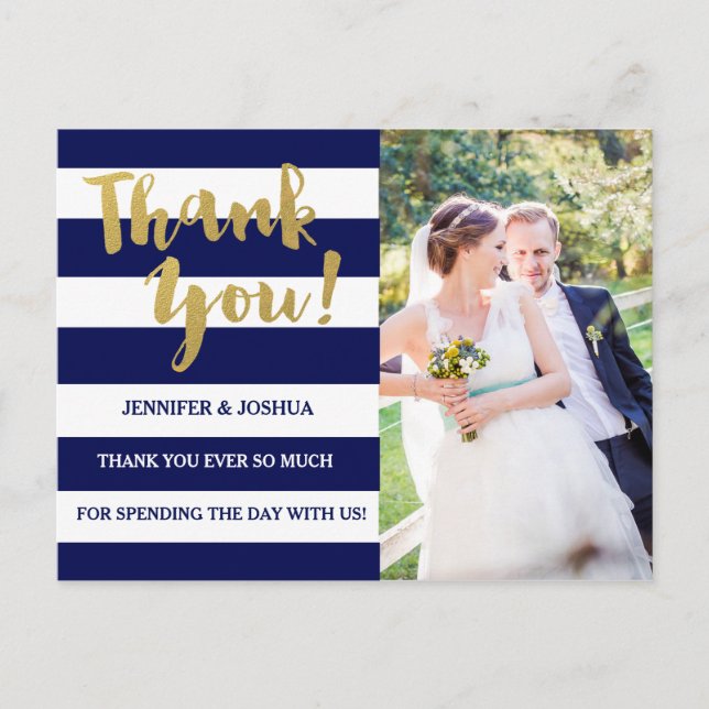 Chic Gold | Bold Blue Stripe Foto Vielen Dank Postkarte (Vorderseite)