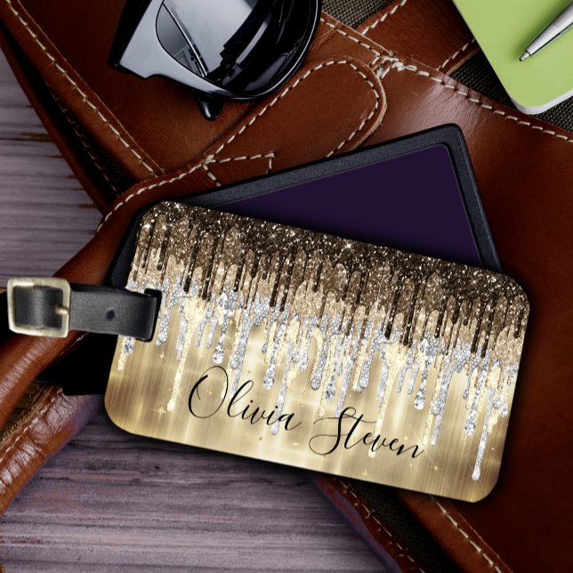 Chic gold braune Tropfen Glitzer Monogramm Gepäckanhänger (Von Creator hochgeladen)