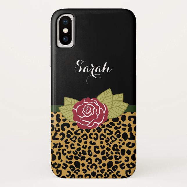 Chic Gold Brown Leopard Print Rote Rose mit Namen Case-Mate iPhone Hülle (Rückseite)
