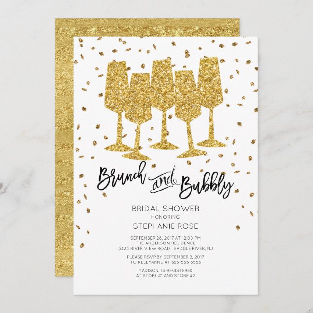 Chic Gold Brunch & Bubbly Bridal Dusche Einladung (Vorne/Hinten)