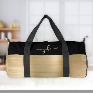 Chic Gold Brushed Metal Black Script Monogram Duffle Bag