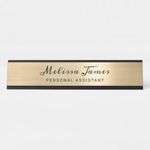 Chic Gold Brushed Metal Black Script Name Schreibtischnamensplakette