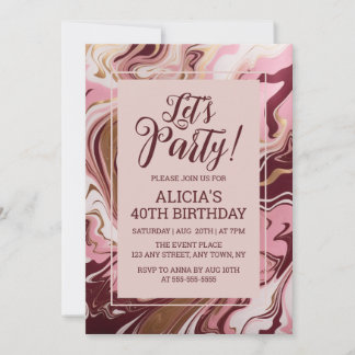 Chic Gold Burgundy Pink Marble Fluid Birthday Einladung