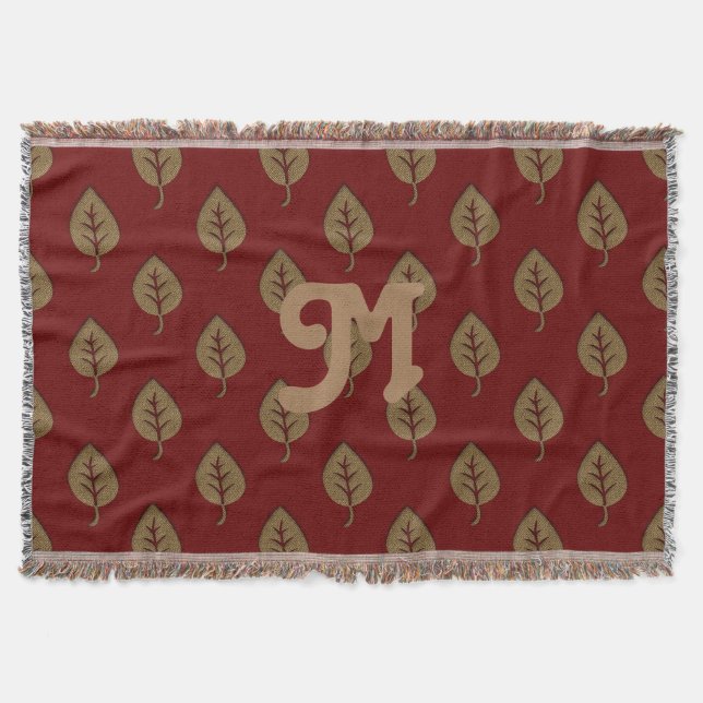 Chic Gold Burgundy Red Leaf Custom Monogram Decke (Vorderseite)