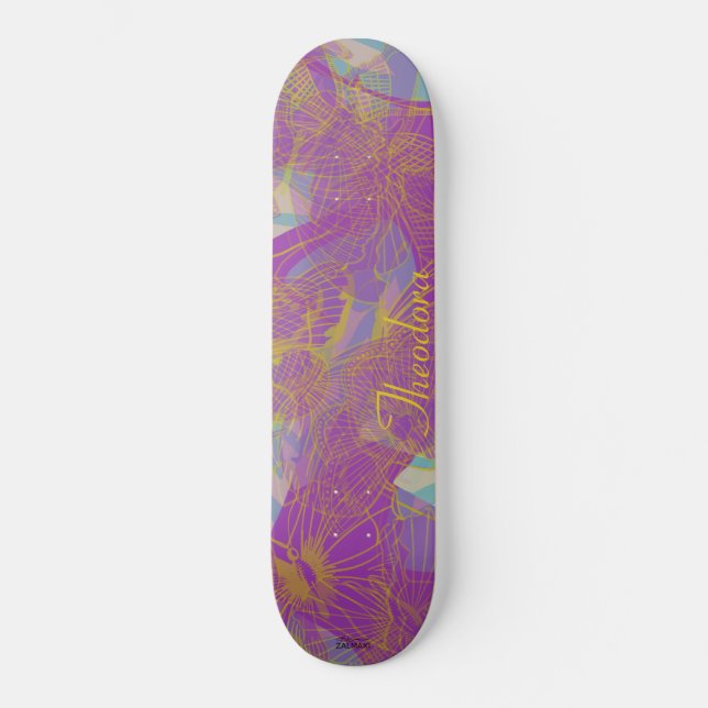Chic Gold Butterfly Aqua Violet Muster Skateboard (Vorderseite)