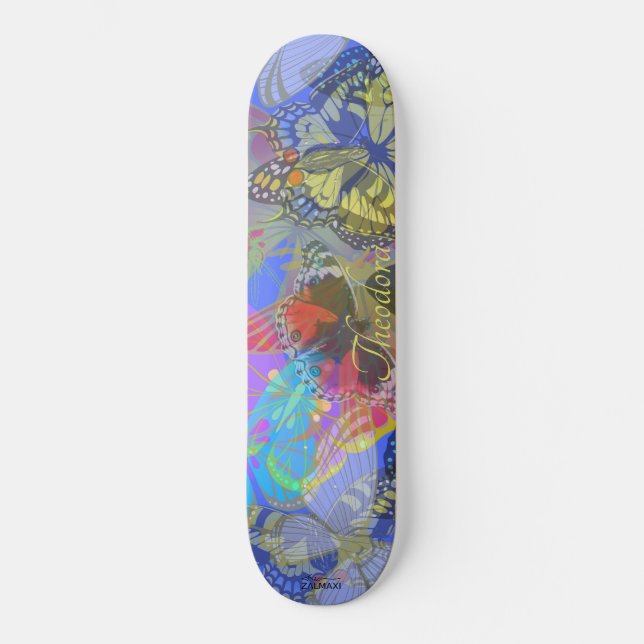Chic Gold Butterfly Bleu Yellow Skateboard (Vorderseite)