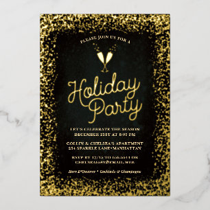 Chic Gold Champagne Glasses Holiday Party Folieneinladung