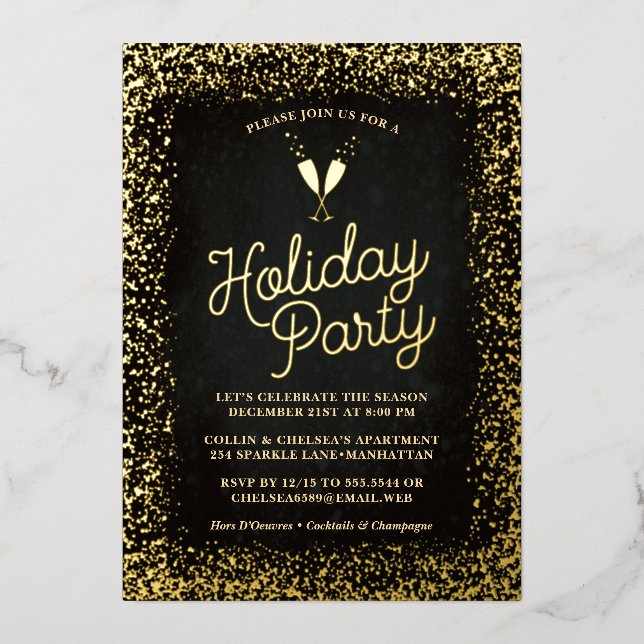 Chic Gold Champagne Glasses Holiday Party Folieneinladung (Vorderseite)