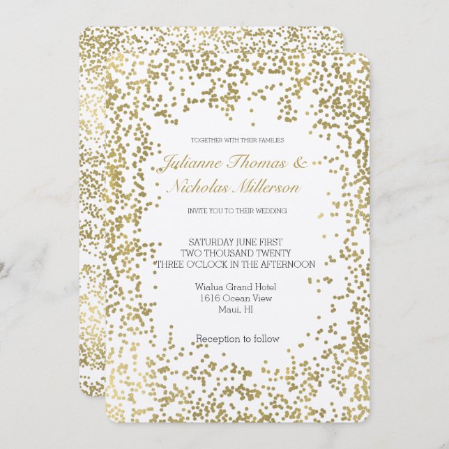 Chic Gold Confetti Glam Wedding Einladung (Vorne/Hinten)