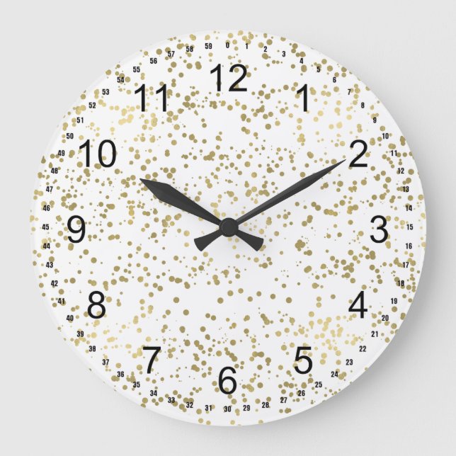 Chic Gold Confetti Große Wanduhr (Vorderseite)