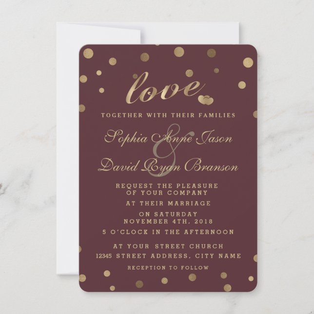 Chic Gold Confetti Liebe Burgundy Wedding Einladun Einladung (Vorderseite)