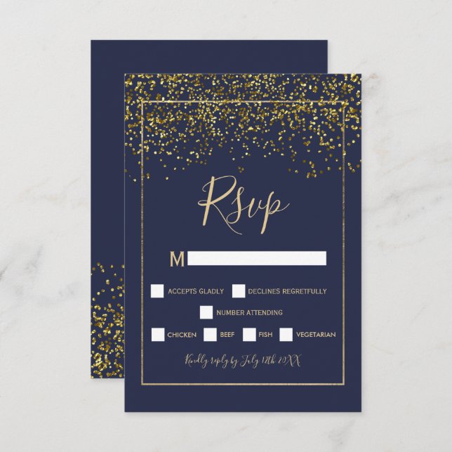 Chic gold confetti marineblaue Typografie uAwg RSVP Karte (Vorne/Hinten)