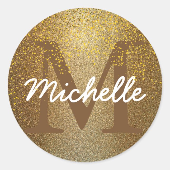 Chic Gold Confetti Monogram Name Round Aufkleber (Vorderseite)