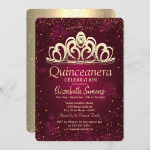 Chic Gold Confetti Tiara Burgundy Quinceañera Einladung