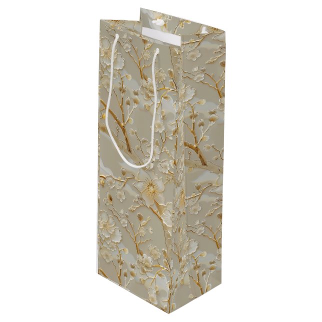 Chic gold cream floral geschenktüte für weinflaschen (Vorderseite Schrägansicht)