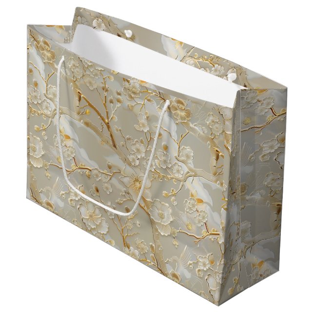 Chic gold cream floral große geschenktüte (Vorderseite Schrägansicht)