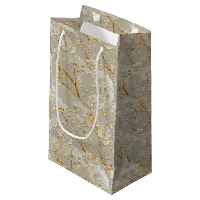 Chic gold cream floral kleine geschenktüte (Vorderseite Schrägansicht)