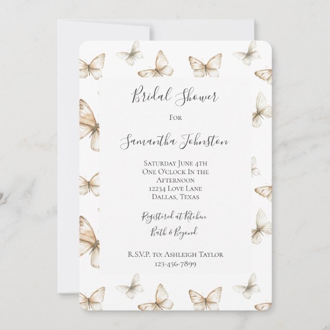 Chic Gold Cream White Butterflies Bridal Shower Einladung (Vorderseite)