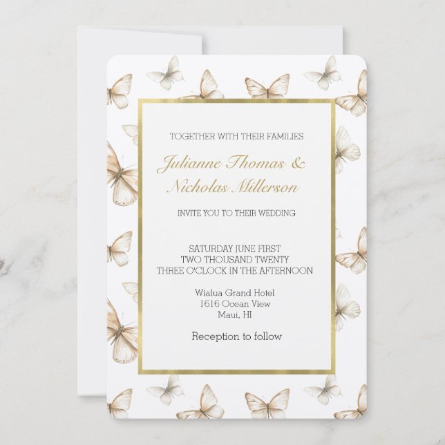 Chic Gold Cream White Butterflies Wedding   Einladung (Vorderseite)