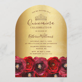 Chic Gold Crown Red Rose Floral Quinceañera  Einladung