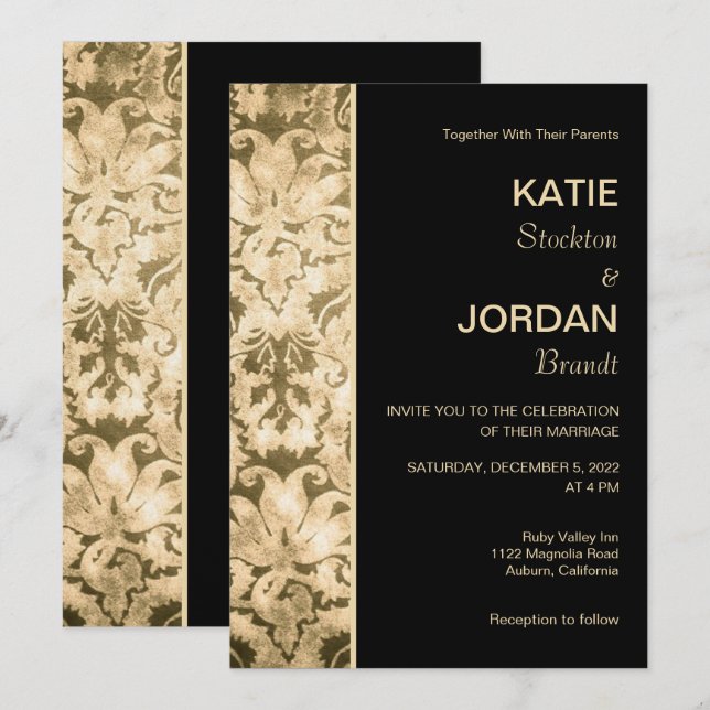 Chic Gold Damask Einladung (Vorne/Hinten)