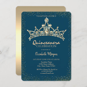 Chic Gold Diamonds Crown Blue Quinceañera Einladung