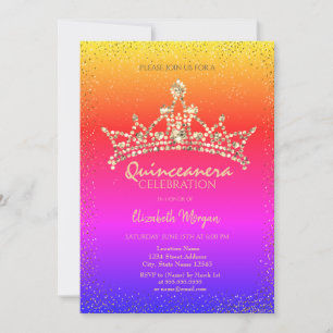 Chic Gold Diamonds Crown Colorful Quinceañera Einladung