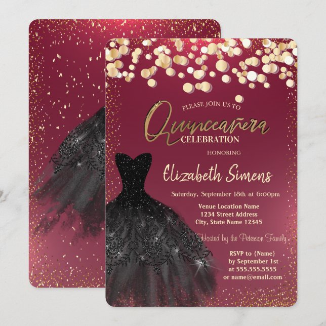 Chic Gold Dots, Black Dress Burgundy Quinceañera Einladung (Vorne/Hinten)