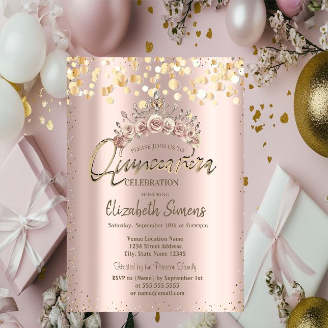 Chic Gold Dots, Floral Tiara Quinceañera  Einladung (Von Creator hochgeladen)
