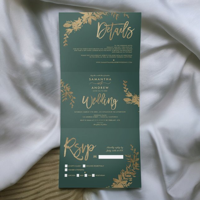 Chic Gold Drehbuch Floral Blatt elegante Hochzeit Dreifach Gefaltete Einladung (Chic gold script Floral leaf elegant wedding Tri-Fold Invitation)