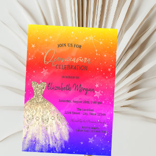 Chic Gold Dress Stars Galaxy Colorful Quinceañera Einladung