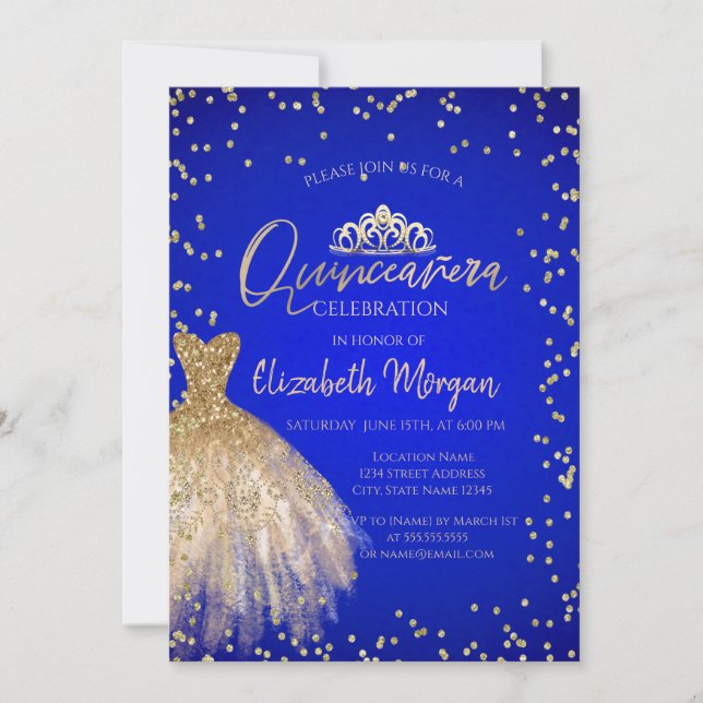 Chic Gold Dress Tiara, Blue Quinceañera Einladung (Vorderseite)