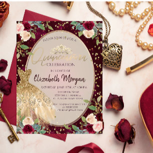 Chic Gold Dress Tiara, Burgund Rose Quinceañera Einladung