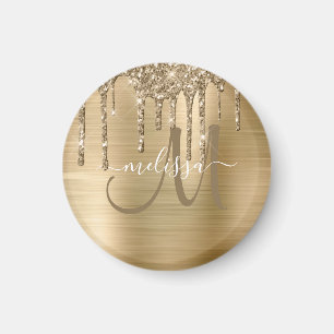 Chic Gold Dripping Glitzer Brushed Metal Monogram Magnet