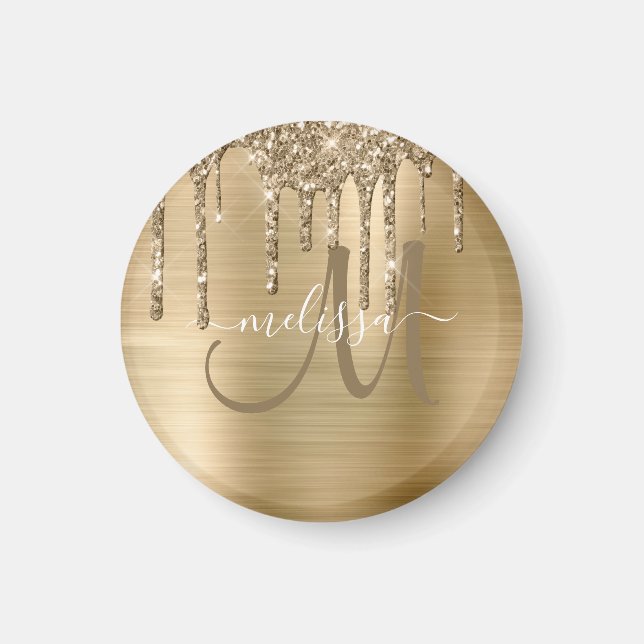 Chic Gold Dripping Glitzer Brushed Metal Monogram Magnet (Vorne)
